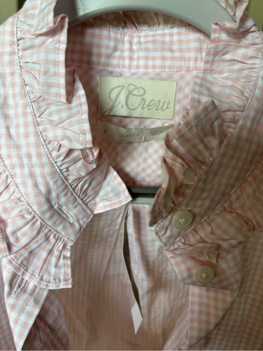 jcrew NWT Pink Gingham Ruffle Collar Button-Up Shirt - Picture 3 of 3